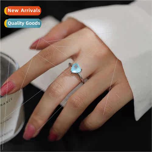 Europe trend simple ins lake blue heart zirconia ring适用wom
