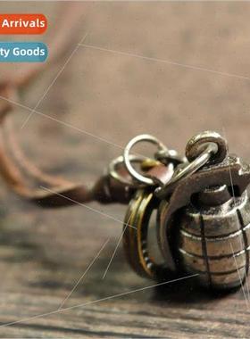 Grenade Bomb Metal Pendant Unisex Microfiber Leather Necklac
