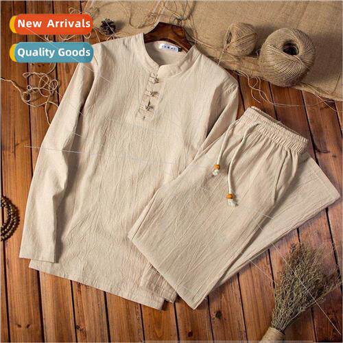 Spring Autumn new Chinese men solid color cotton linen long-