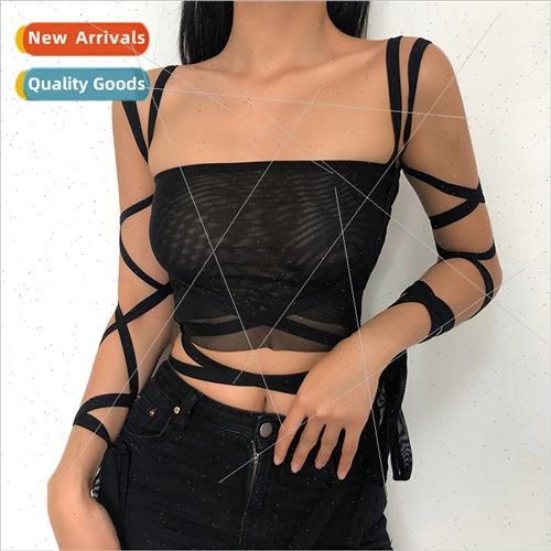 2022Black Mesh Lace Up Bandage Crop Top Women Goth Tanks Y2k