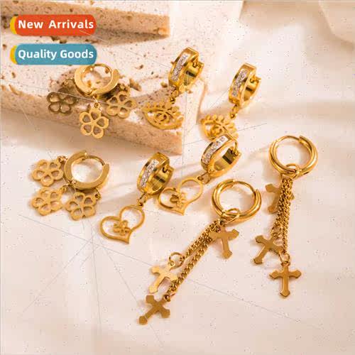 Fashion tanium steel cross hip-hop earrings female floral lo