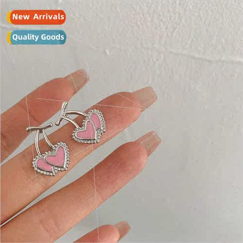 Pink cherry love silver needle earrings small simple peach h