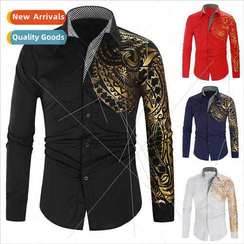 2023 new fashion men hot gold printing shirt  yards Slim lap