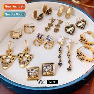 zirconia letters Earrings geometric pin old earrin silver