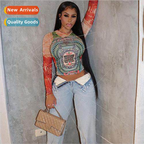 Women Long Sleeve Graphic Mesh See Through Setwear T Shir
