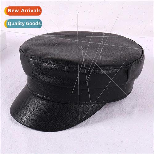 Hat Women Europe Black Retro Flat Top Hat Leather Wide Brim