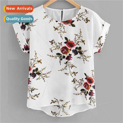 2023 New Women Round Neck Floral Short Sleeve Irregular Top