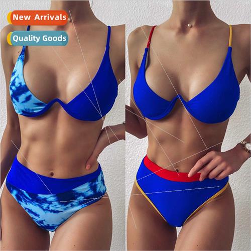 Europe Womens High Waisted Swimsu Patchwork Tie-Dye Steel Br