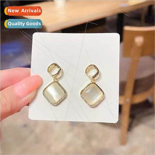 925 silver pin cat eye stone earrings geometric square diamo