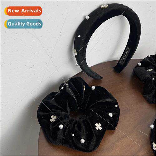 Black velvet hair band vintage pearl pressed hair high skull