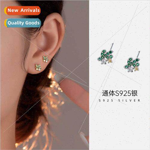 S925 silver Mori cactus earrings female simple green zirconi