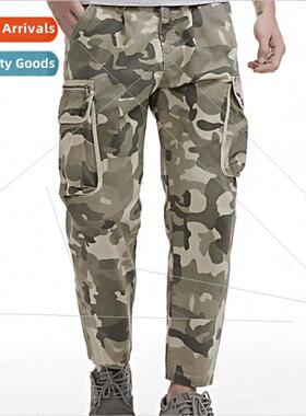 New men loose drawstring leg work pants multi-pocket large s