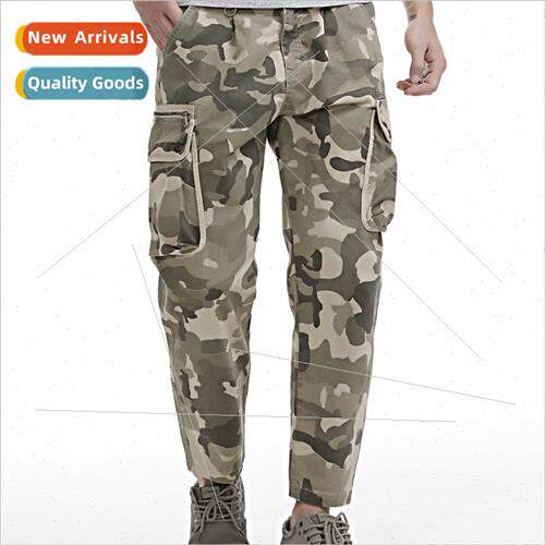 New men loose drawstring leg work pants multi-pocket large s