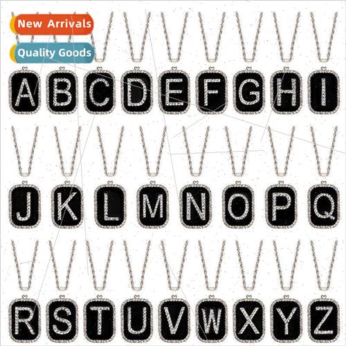 26 Letter Rectangle Black Diamond Pendant Alloy Hip Hop Neck