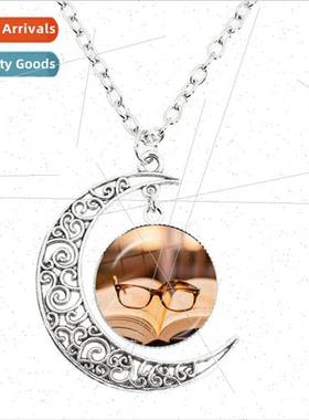 New Fashion BookMoon Necklace Vintage brary Art Pattern Glas