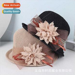 rolled knted pot hat ladies elegant flowers webbing breathab