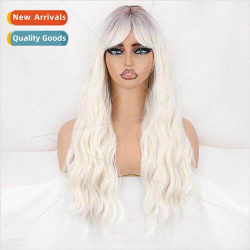 Europe wig women black silver gray gradient long curly wool