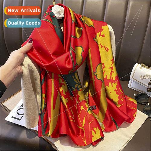 Chinese red vintage floral new silk satin long silk scarf ou