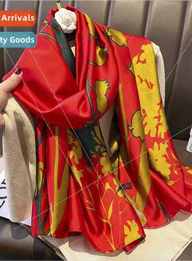 Chinese red vintage floral new silk satin long silk scarf ou