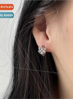 Full diamonds copper cat earrings female Chinese vintage tun