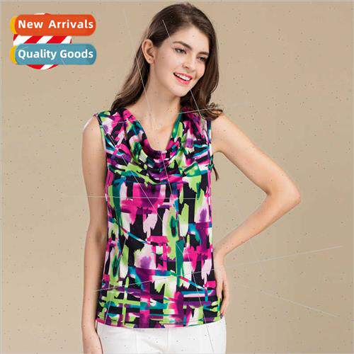 summer new silk printing swing collar sleeveless undershirt