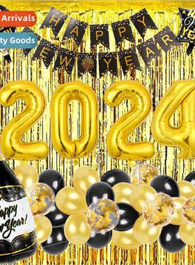 2024 New Year Black Gold Letter Balloon Set New Year Pull Fl