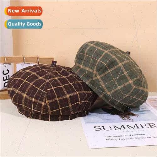 Spring Autumn retro plaid beret Korean fashion versatile cas