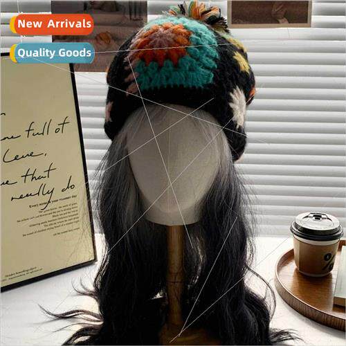Mixed color wool ball cute warm wool cap handmade crocheted