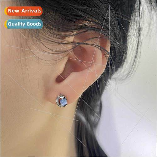 Blue cat eye stone star moon earrings lady fall winter new e