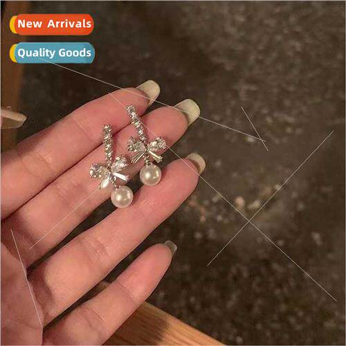s925 zirconia bow pearl pendant earrings female high-level n