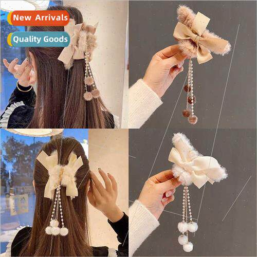 Plush bow tassel hair clips back head grab clip female hair