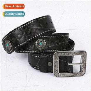 Mongolia ethnic embossed unisex belt leather men women belts