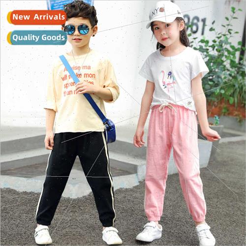 Summer new children cotton linen candy-colored two-bar pants