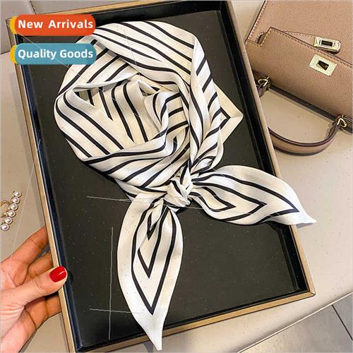 Korean  minimalist striped long silk scarf women hair ties d