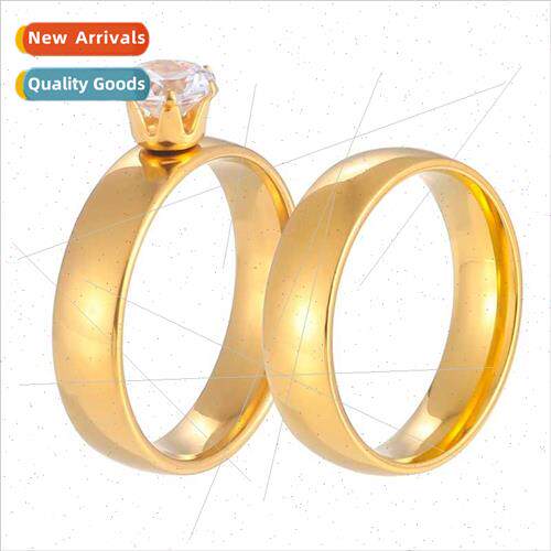 Stainless Steel Couple Ring mple Glossy Round Diamond Zircon