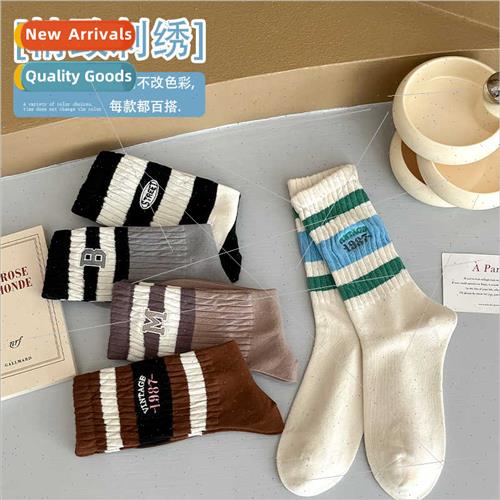 Mid-calf socks fall winter socks women Striped embroidery sp
