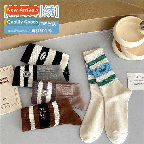 Mid-calf socks fall winter socks women Striped embroidery sp