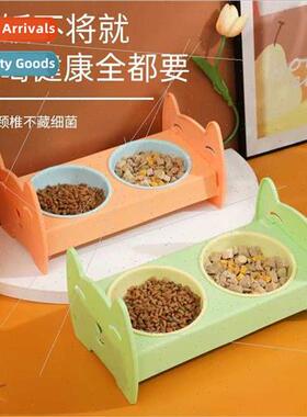 New colour blocking assembly pet double bowl cartoon cat bow