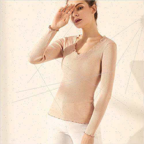 2024 Autumn New lk Cotton V-neck Long Sleeve Bottom Shirt To