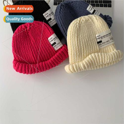 Woolen cap children side label rolled knted melon cap autumn