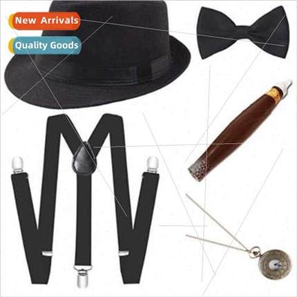 Men Theme Party Tweed Hat Cigar Pocket Watch Tie Back Knot B