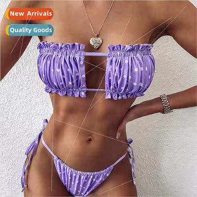 Sexy Solid Bikini 2021 Women Pleated Bandeau Swimsu Female