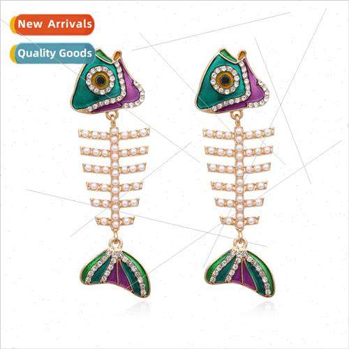 creative diamond alloy fishbone earrings retro fashion atmos图片