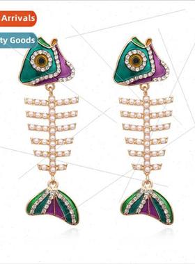 creative diamond alloy fishbone earrings retro fashion atmos