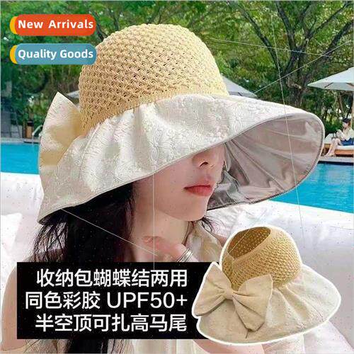 2023 summer new large brim colorful rubber bow hollow top ha