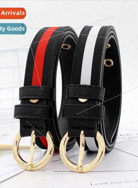 Students Korea canvas striped round buckle thin belt men wom