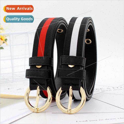 Students Korea canvas striped round buckle thin belt men wom