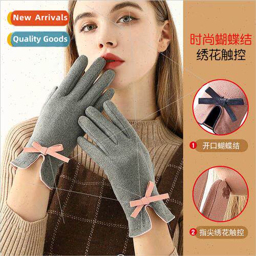 De velvet warm gloves padded autumn winter ladies bow tie ou