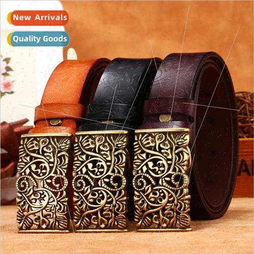 Women carved belt hollow smooth buckle printed cowhide belt