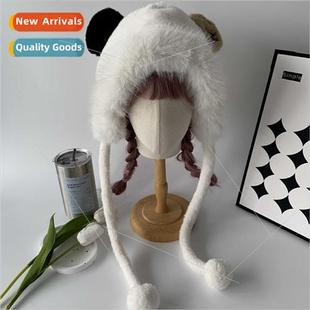 fall protect ears ear warm winter female hat plush bear Cute